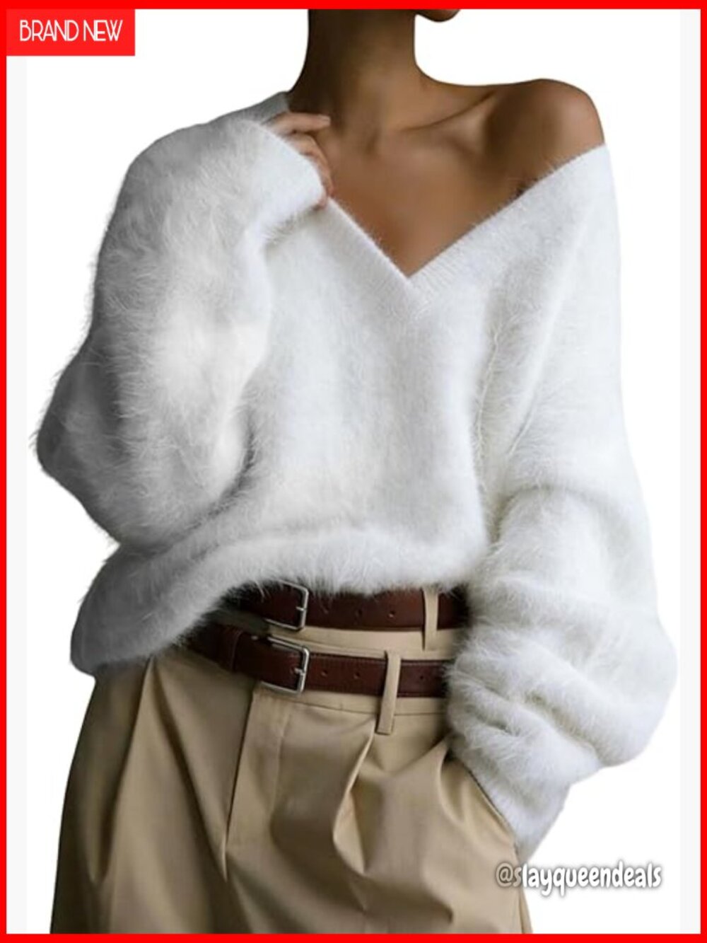 Oversized V-Neck Fuzzy Pullover Sweater Cozy Knit